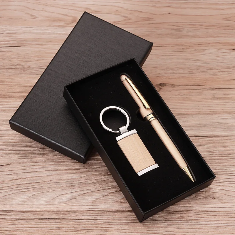 New Style Various Design Gift Set Box Leather Metal Pen Key Chain Gift Office Leather Metal Ball Pen And Keychain In Box Set