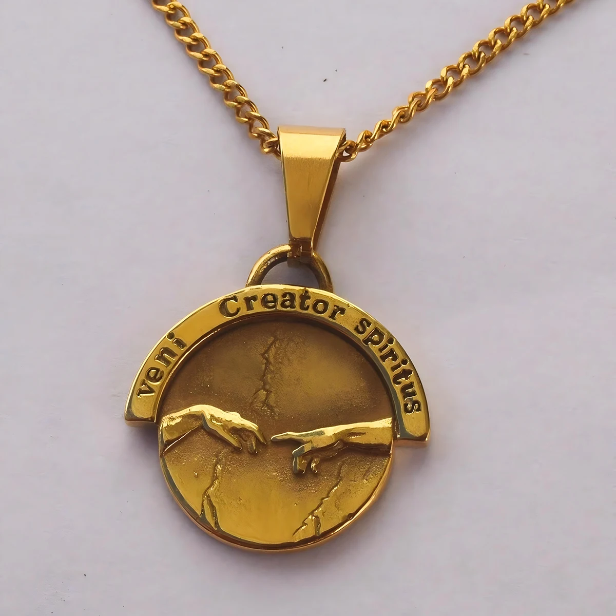 Stainless Steel Veni Creator Spiritus Creation Of Adam Pendant Necklace