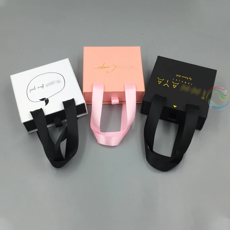 Wholesale Hard Custom LOGO Ribbon Handle Brown Kraft Paper Drawer Jewelry Gift Boxes