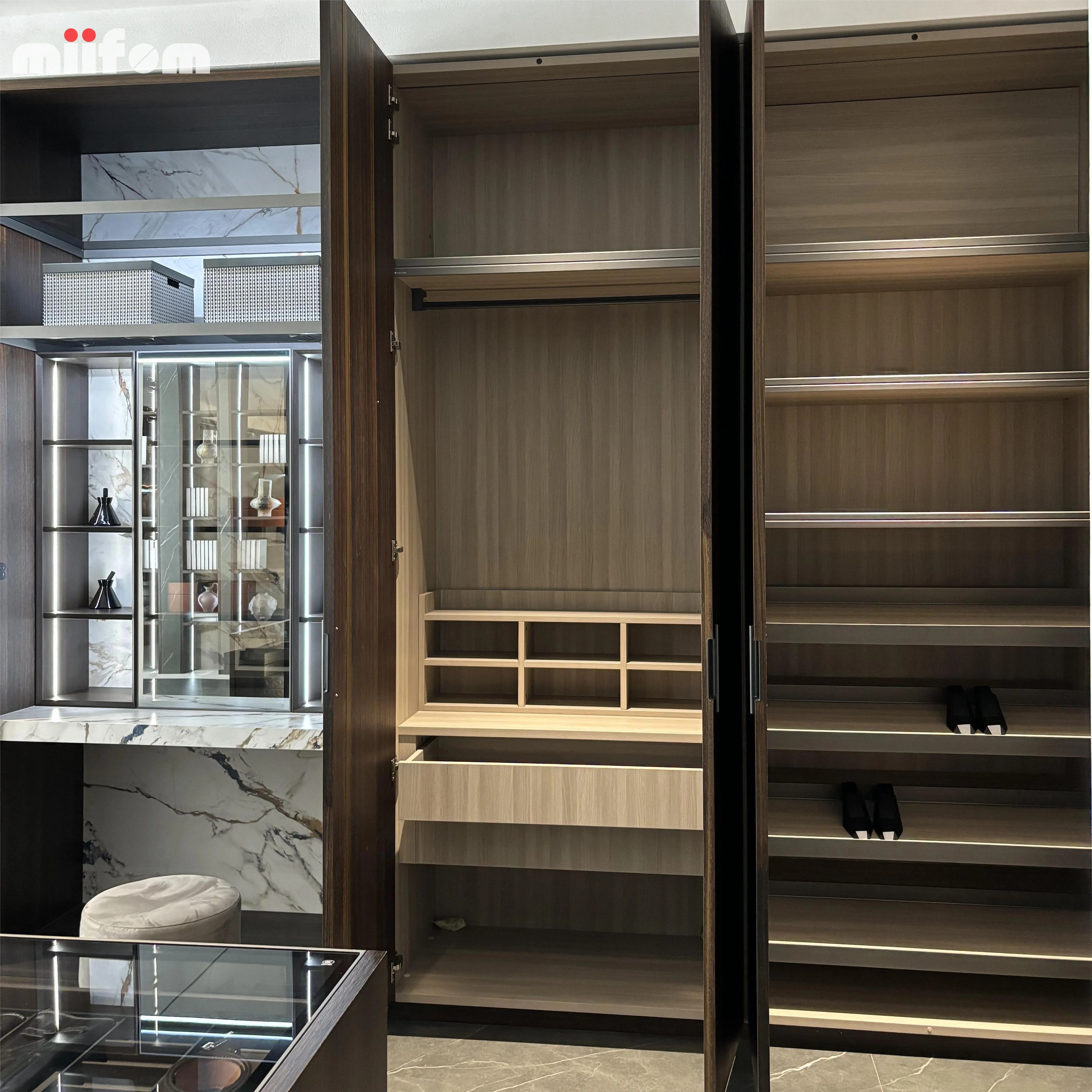 smoked oak hollow out design sense from floor to celling handles home shoes cabinet with open hanging clothes area