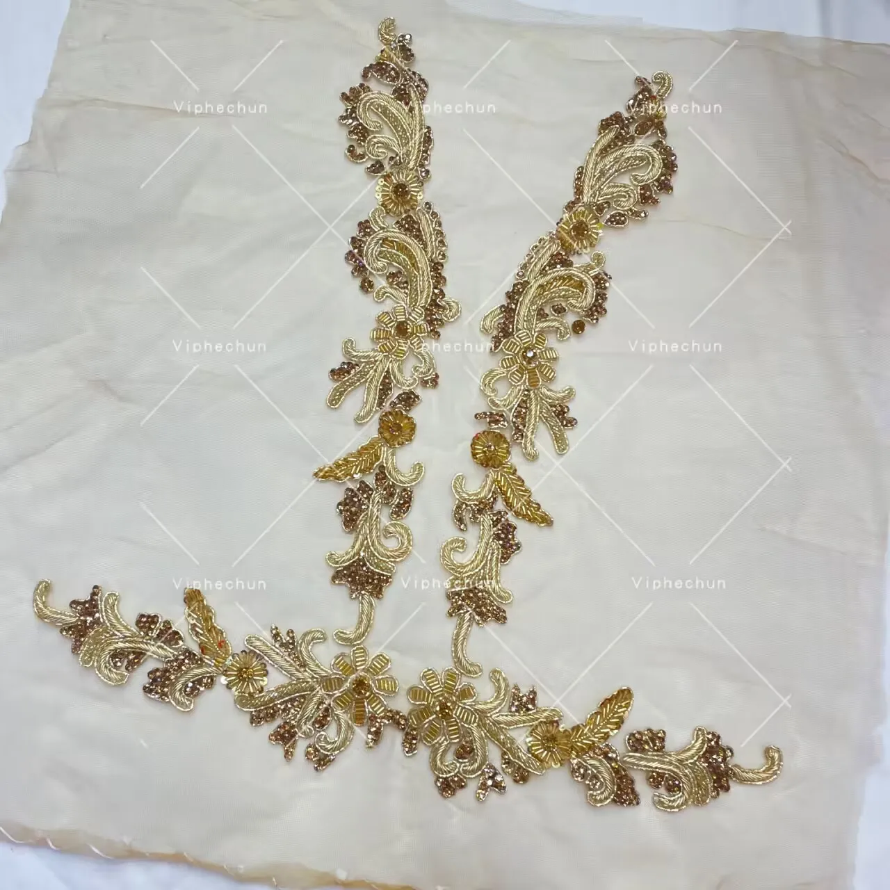 Lace Applique Embroidery Lace Patch with Beads Sequin for Bridal Couture Dress Veil Embellishment Craft