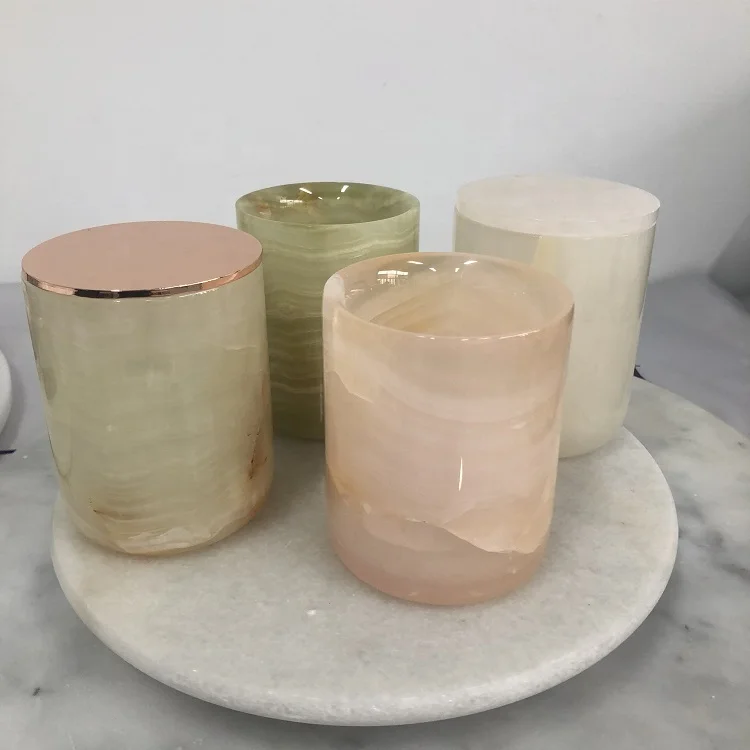Home Decor Customized Luxury Candle Containers with Glass Insert Refill Marble Candle Holder Natural Pink White Onyx Candle Jar