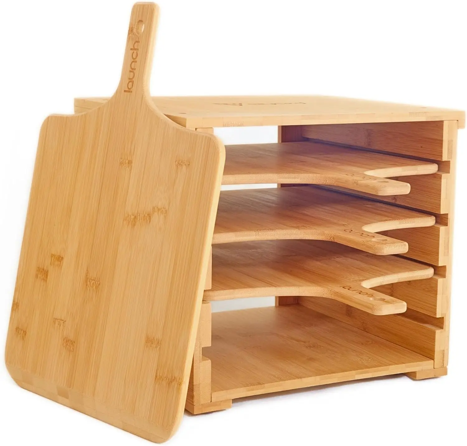 Wood Pizza Peel Rack | Includes 4 x 12 Inch Non-Stick Bamboo Pizza Boards Real Wood Pizza Paddle Stand Innovative Design