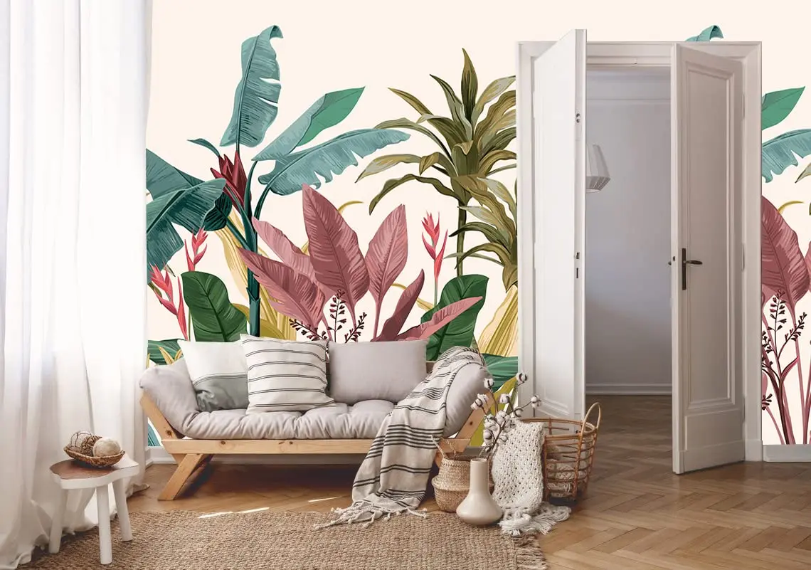 Colorful Banana Leaf Wall Mural Botanical Wallpaper Living Room Wall Art Tropical Leaves Wallpaper