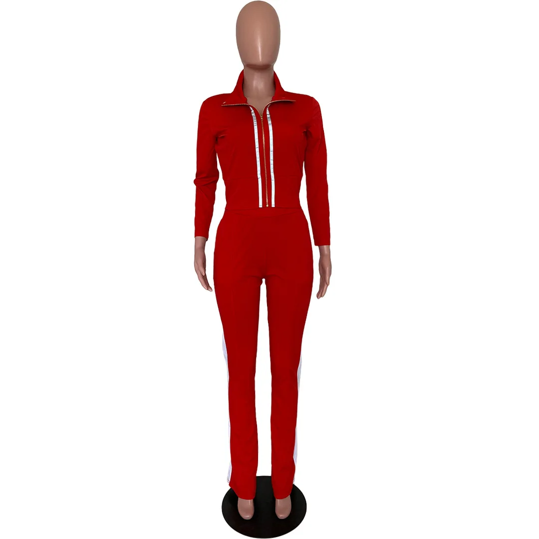 LO-2082509 fall  high collar long sleeve solid color drawstring casual Ladies Two Piece Set Women Clothing