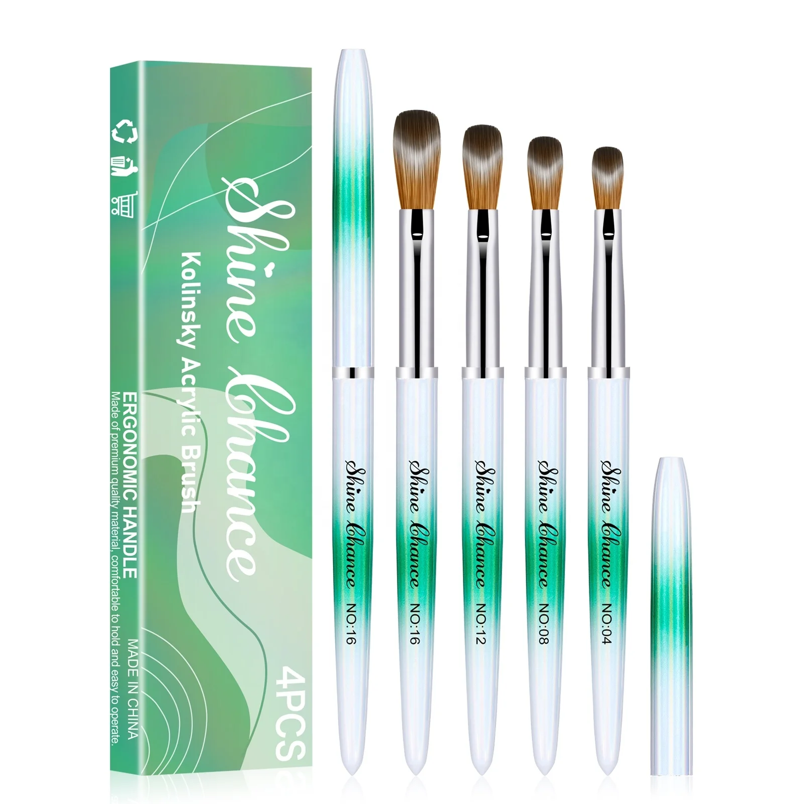New Arrivals 4PCS Nails Brush Acrylic Kolinsky Set Size #04#08#12#16 Green Metal Handle Acrylic Brush
