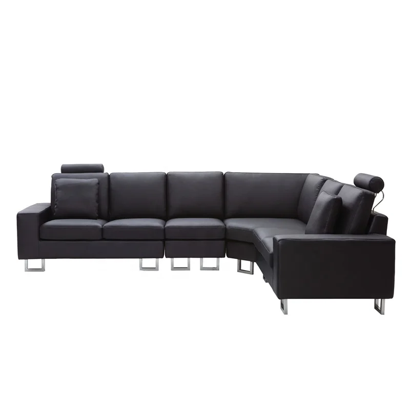 L-shape sectional corner black leather sofa for living room modern