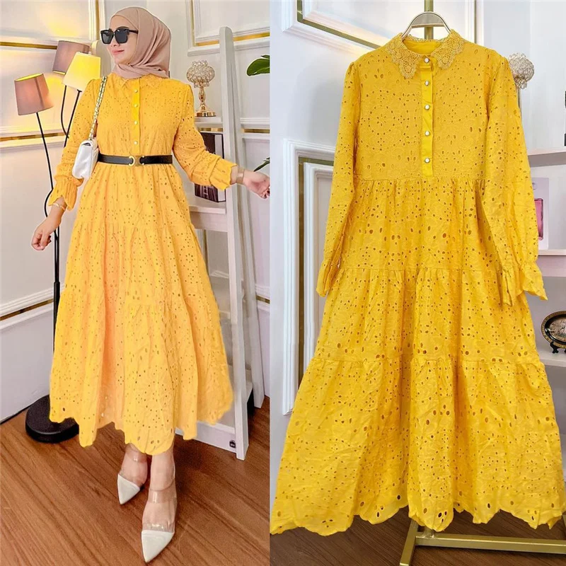 Muslim Southeast Asia Indonesia Clothing Embroidery Cut-Out Lace African Dress For Women