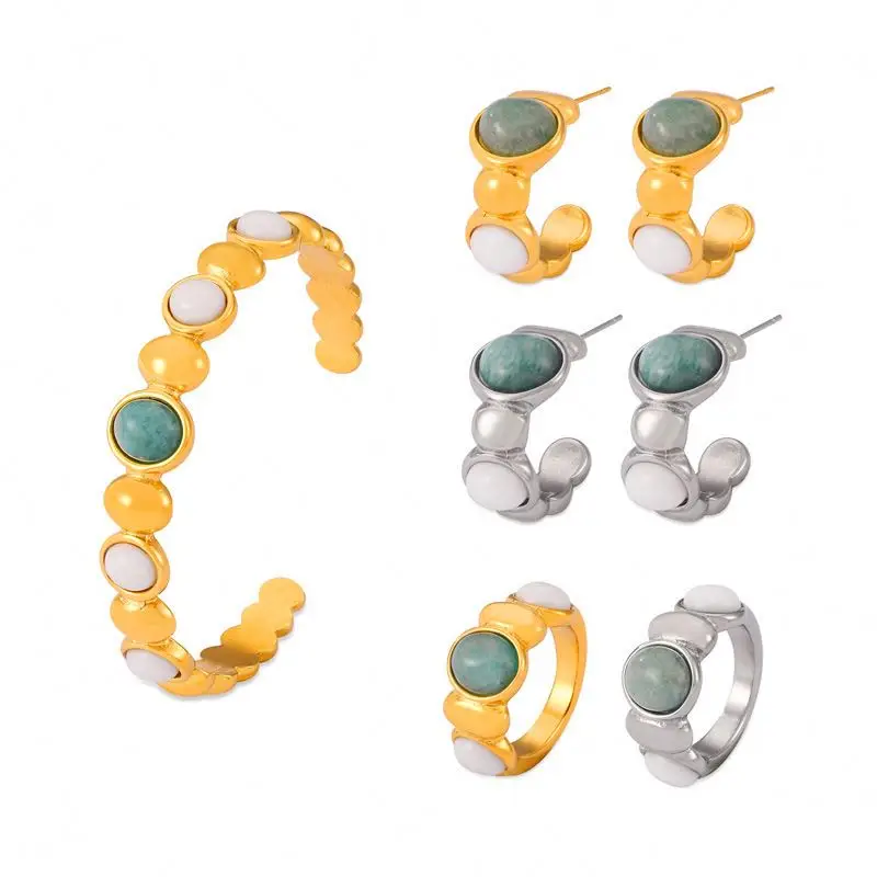 Gold Plated Stainless Steel C Shape Oval Azurite White Jade Natural Stone Cuff Bangles Bracelets Stud Earrings Ring Jewelry Set
