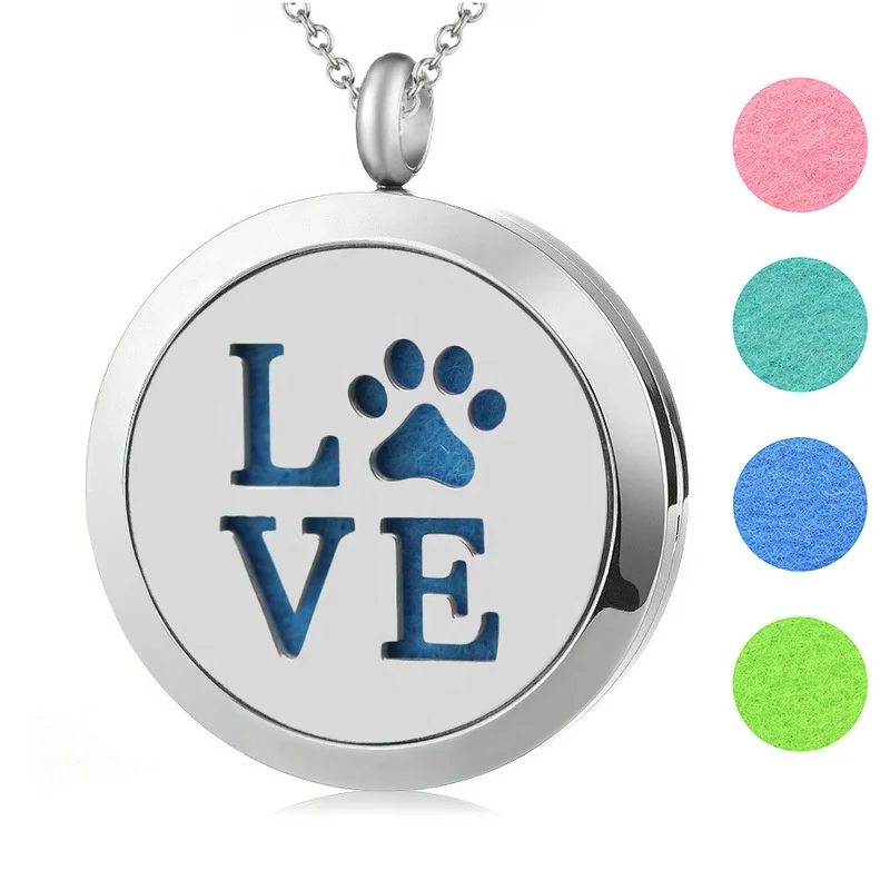 Dr. Jewelry 316L Stainless Steel Medallion Open Dog Paw Perfume Locket Essential Oils Diffuser Necklace For Pet Jewelry
