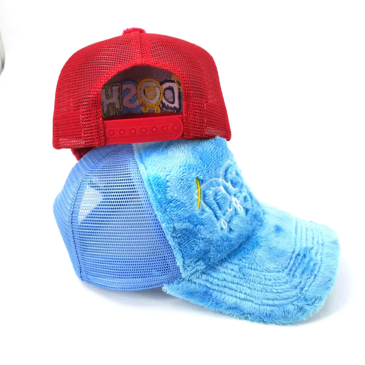 Fluffy Velvet Fuzzy Trucker Caps High Quality Custom Fur Velvet 3D Embroidery Logos Personalized 5-Panel Mesh Trucker Caps