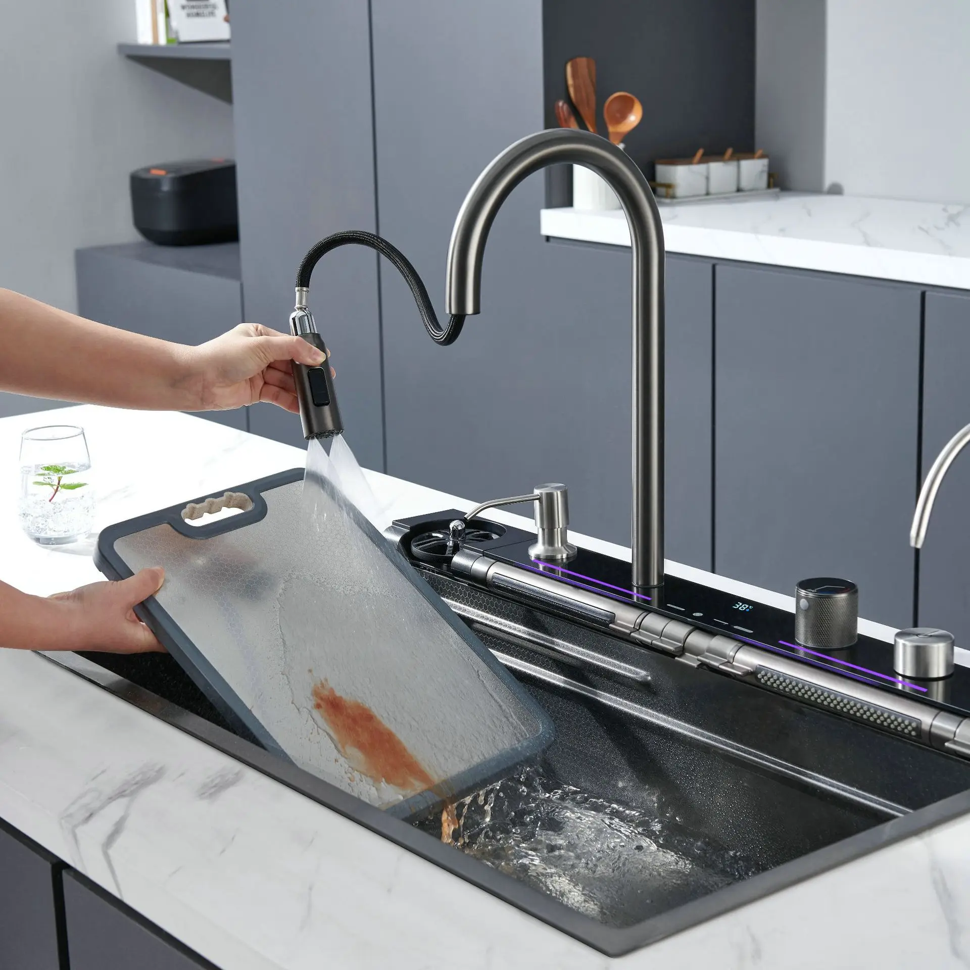 Multifunctional Nano 304 Single Bowl Stainless Steel Handmade Undermount Double Waterfall Faucet With LED Display Farmhouse Sink