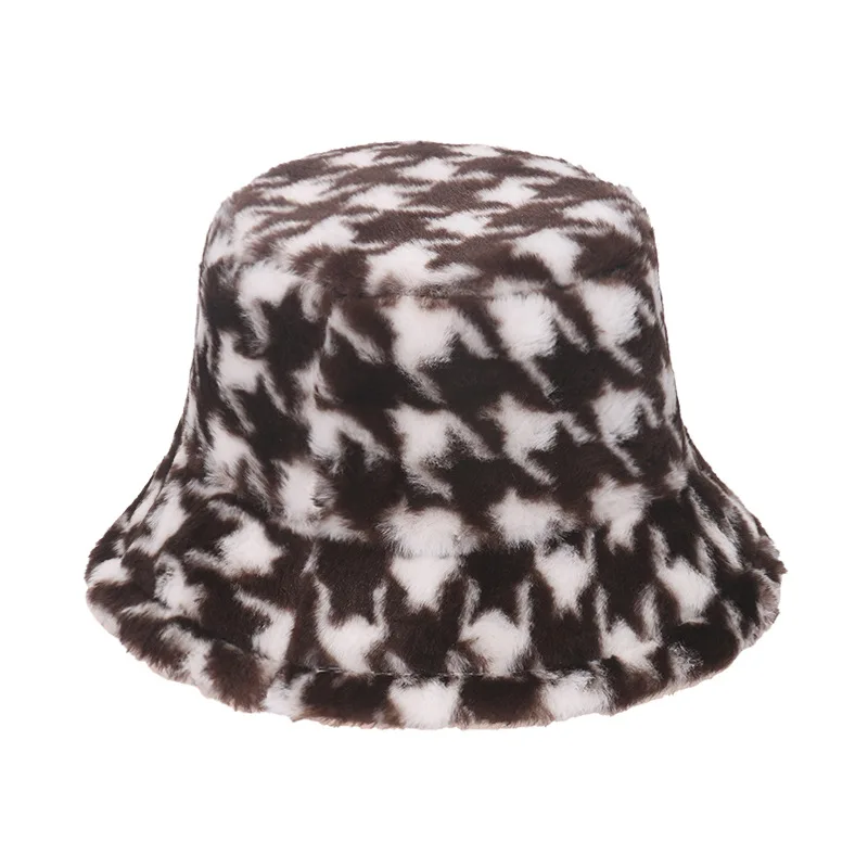 2021 autumn and winter fisherman hat plush warm houndstooth rabbit fur men and women bucket hat