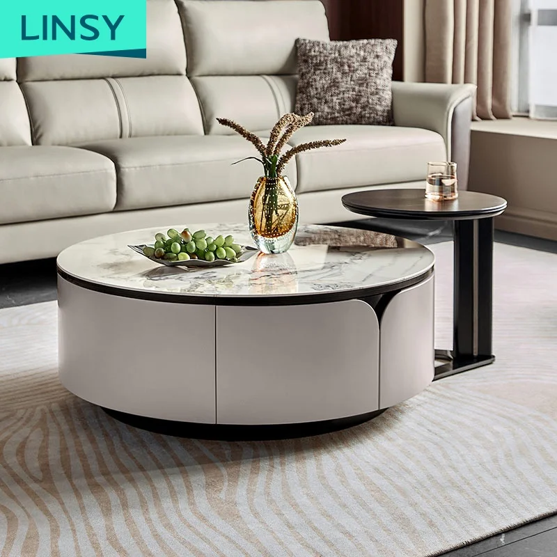 Linsy New Arrival Luxury White Marble Coffee Table And Tv Stand Stone Modern Storage Black Wooden Coffee Tables Set Ll1M