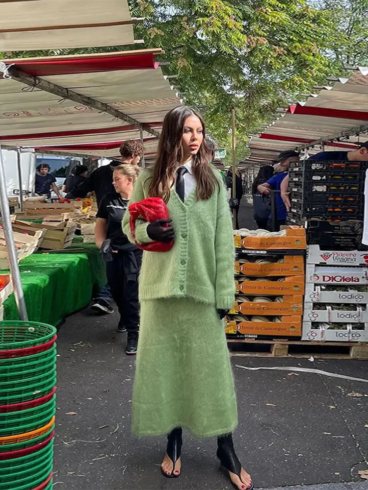 Autumn Fashion Solid Color Knitted Skirt 2 Piece Suit Single Breasted V Neck Cardigan High Waist Skirt Mohair Sweater Women