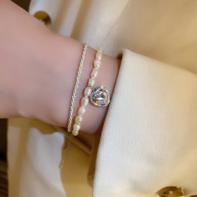 Yiwu Meise YY602 18k Gold Plated Chain Zircon Natural Freshwater Pearl Beaded Bracelet Heart Peanut Charm Bracelet