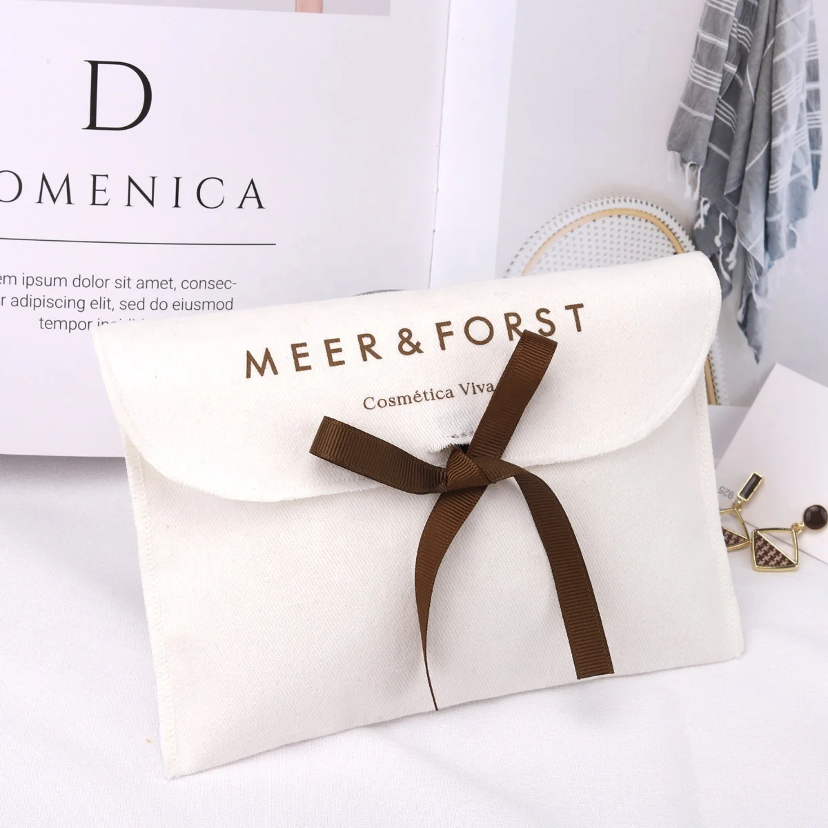 Custom Logo Printed White Cotton Twill Envelope Jewelry Gift Pouch With Ribbon Luxury Envelope Dust Bag For Handbag