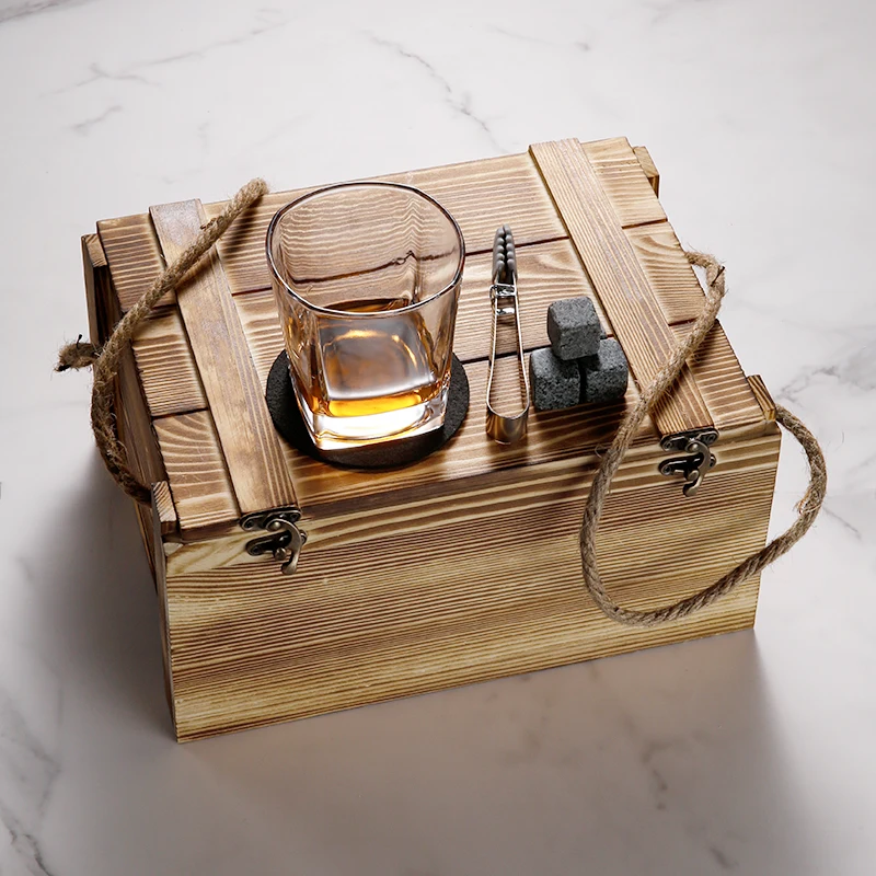 Custom Granite Whisky Rock Chilling Stones and 9oz Old Fashioned Whiskey Glass Set with Rustic Wooden Crate for Men Dad Gift