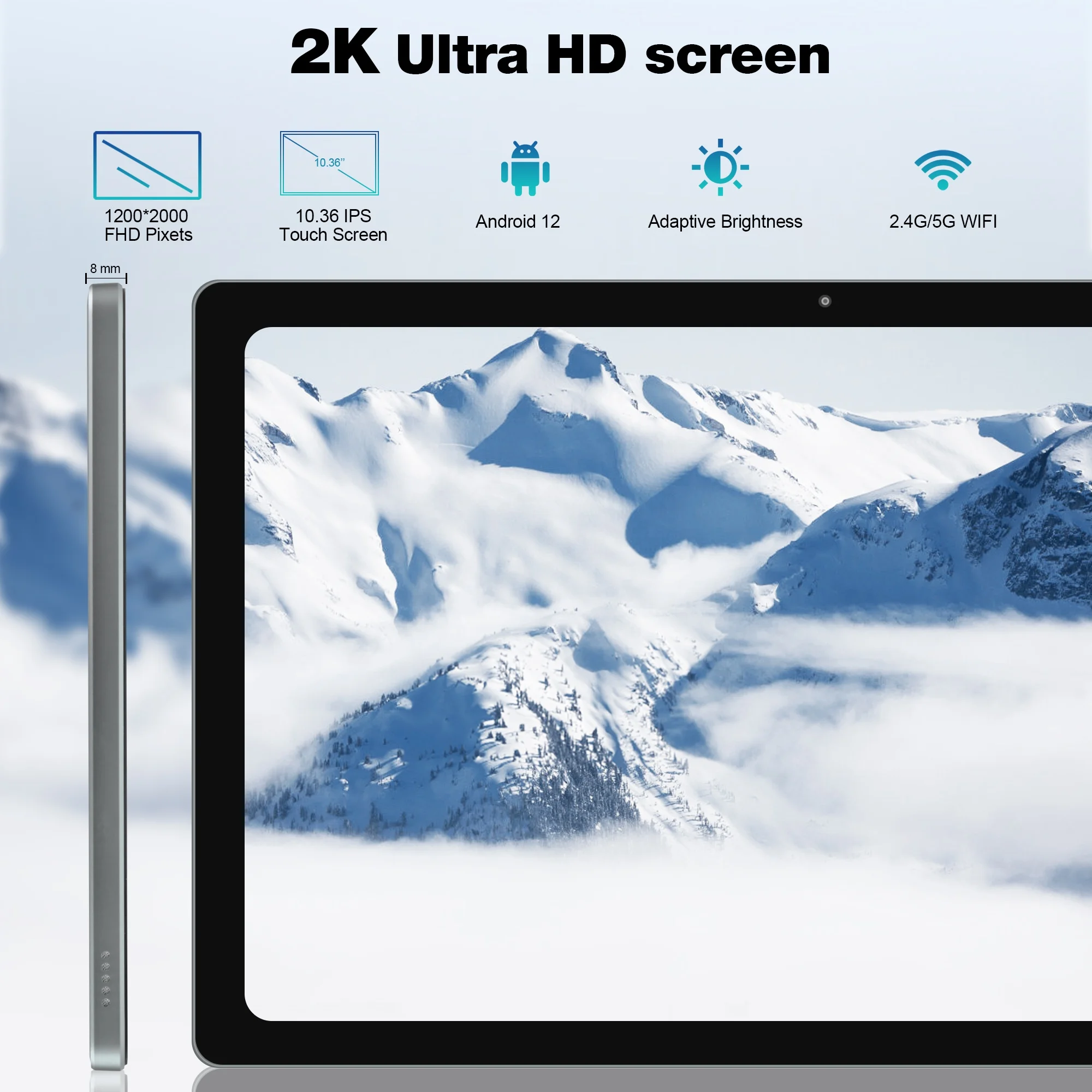 Планшет 2K FHD, 10,36 дюймов, Android, 6 ГБ ОЗУ 128 Гб ПЗУ, Восьмиядерный процессор MTK6769, 2,0 ГГц, экран 1200x2000, планшетный ПК с 5G WiFi 4G LTE