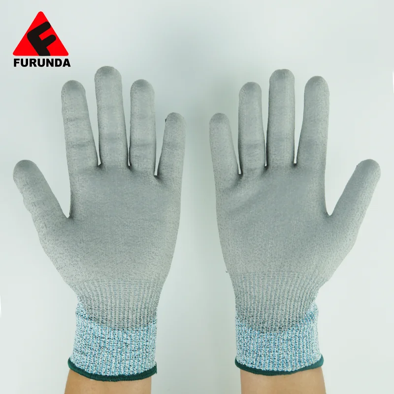 EN388 String Knit HPPE Level 5 Cut Resistant Work Gloves Anti Cut Protection PU Gloves For Glass Handing