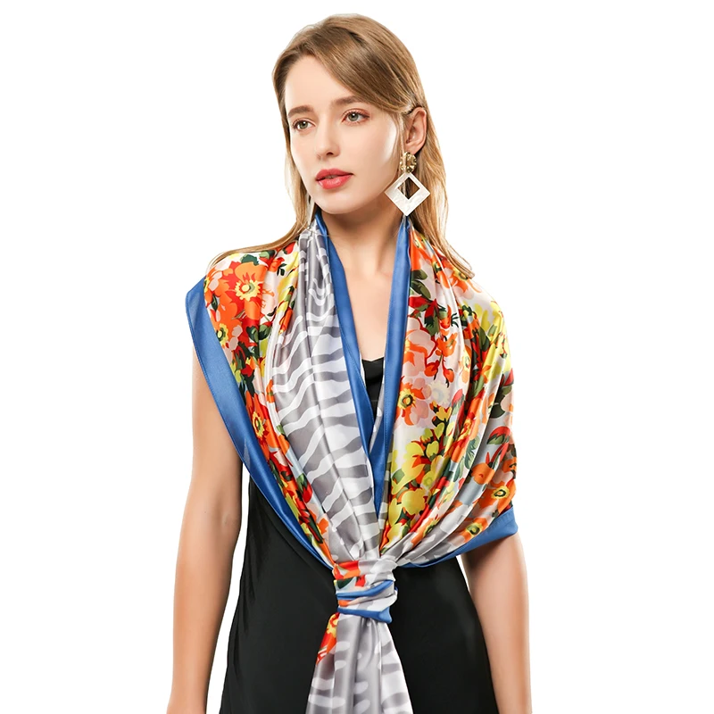 180X90cm triangle stitching twill flower print design soft scarfs for women stylish floral shawl silk scarves
