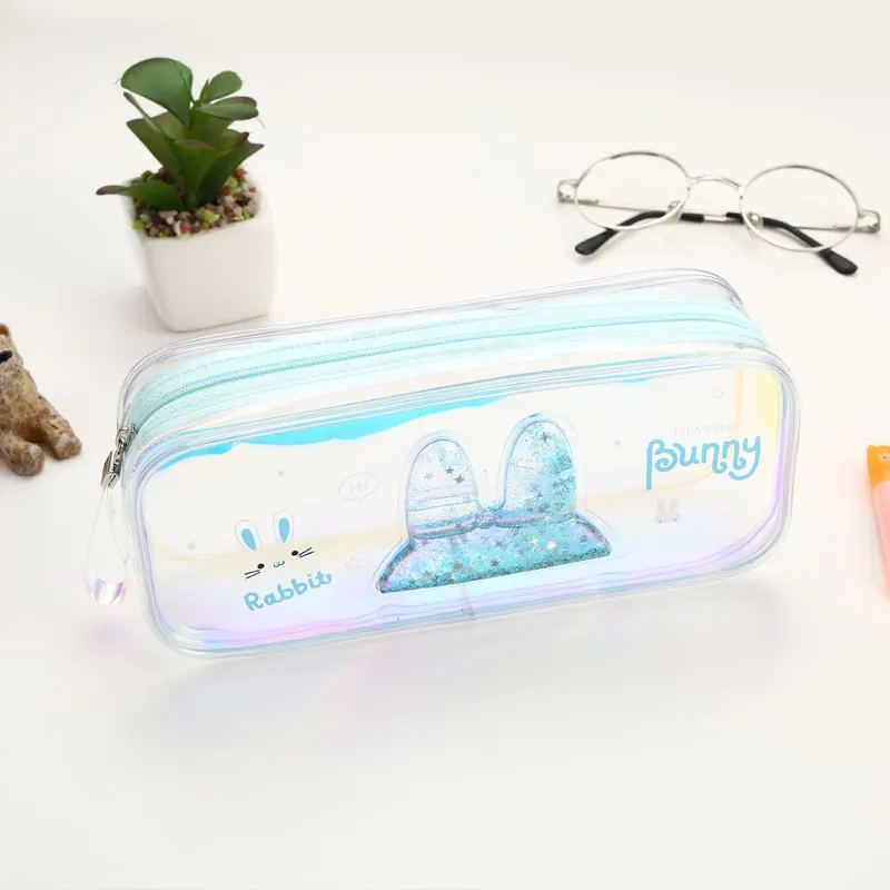 TOPSTHINK Laser clear pencil bag transparent quicksand cute rabbit PVC school pencil case zipper