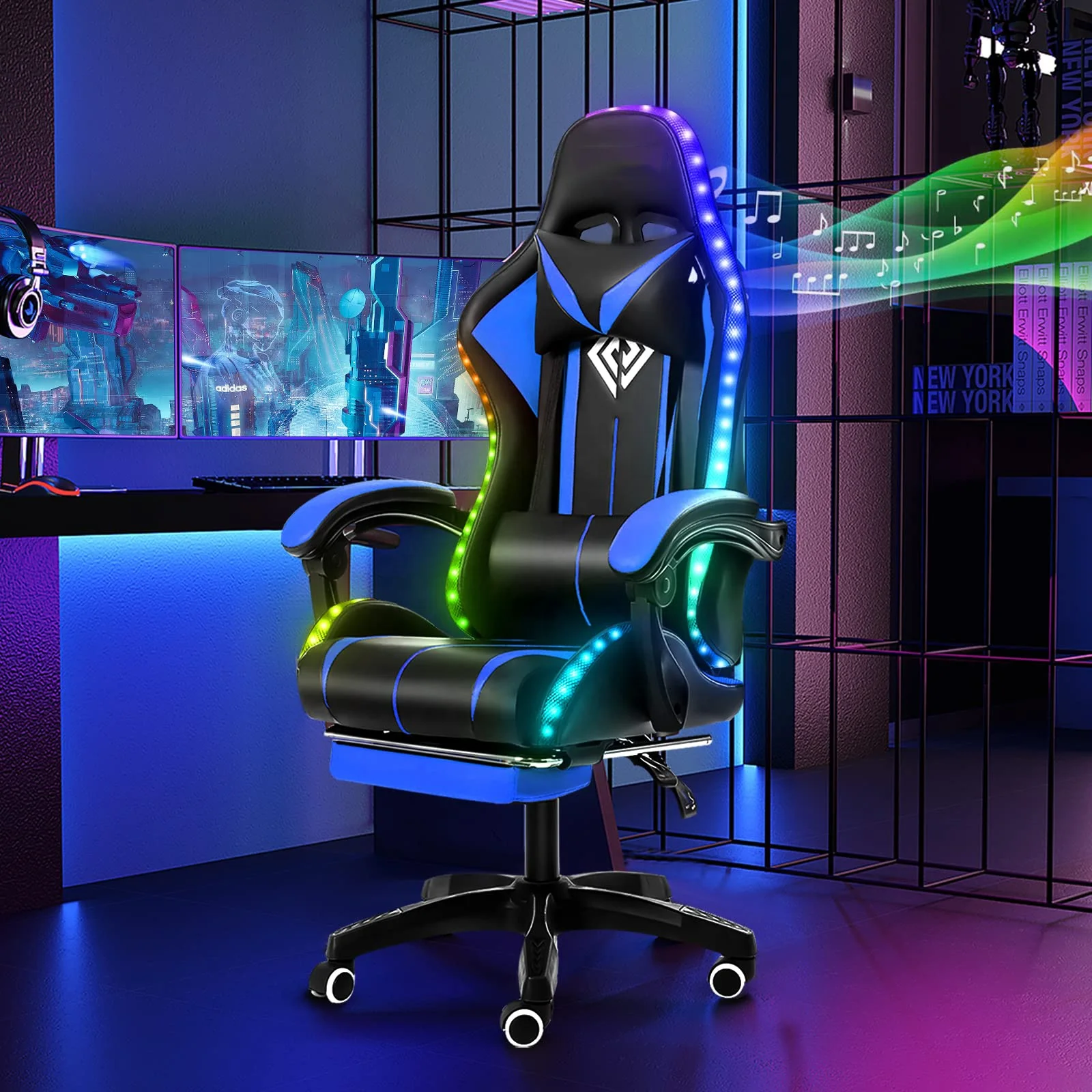 Comfty brilliant RGB LED Reclining Diamond Quilted Black Leather Racing Gaming chair with speakers Pillows Remote Control Chairs