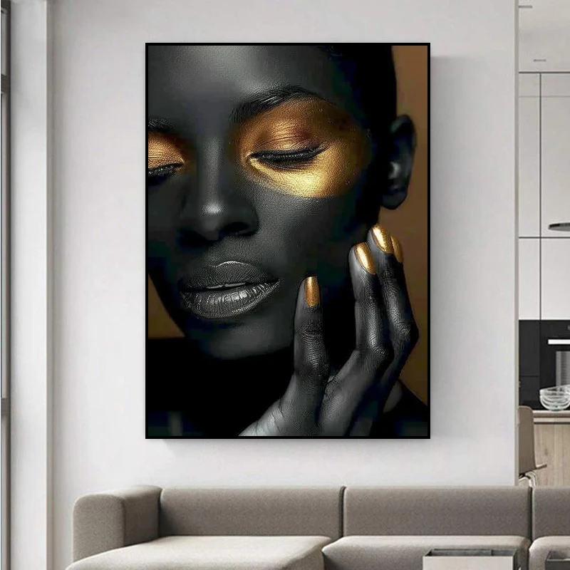 Home Decor HD Print African Black Woman Golden Flower fashions Posters Pictures Mural Painting for wall decor art