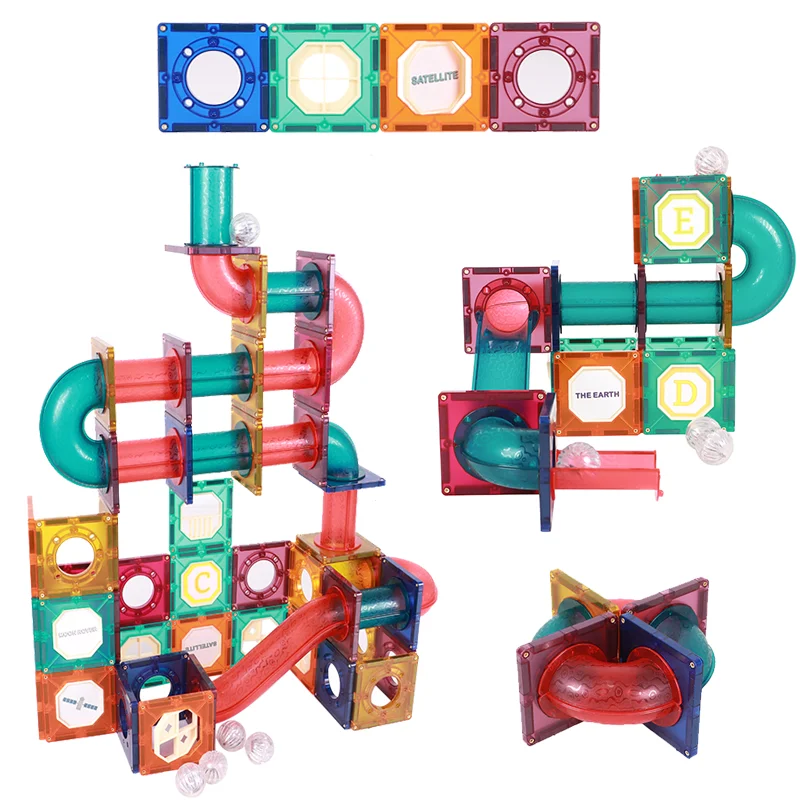 DIY Balls Building Running Roller Coaster Magnetic Maze Race Set Marble Run Tiles