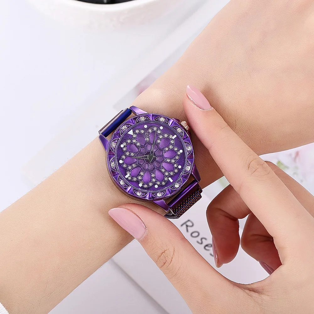
Women Watch Mesh Magnet 360 Degree Rotating Dial Ladies Watch Luxury Fashion Diamond Quartz Watch for Women Clock Relogio Femino 