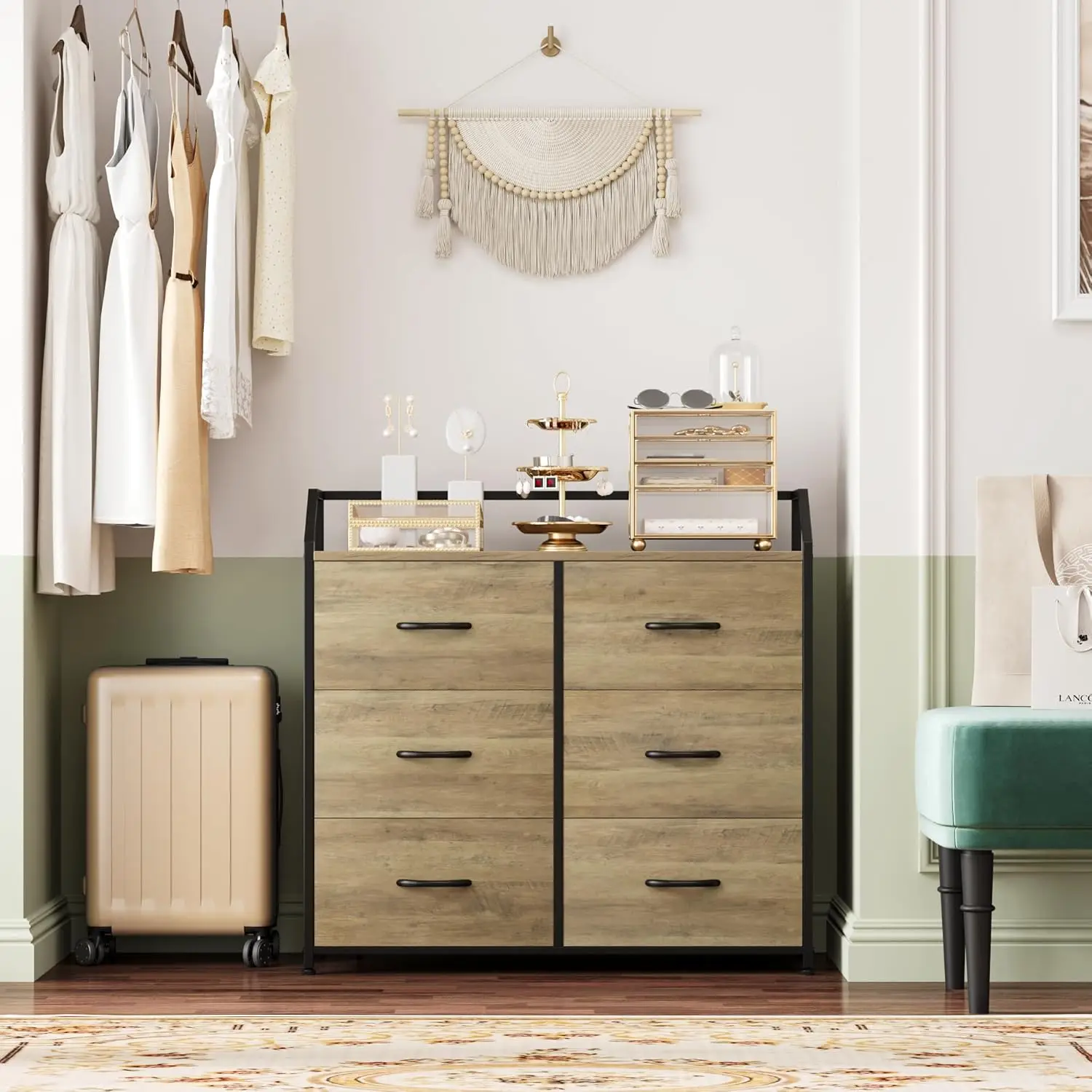 Wooden Furniture Dresser Bedroom Wood Top Storage Tower Fabric Organizer Unit Closet Clothes 6 Drawers