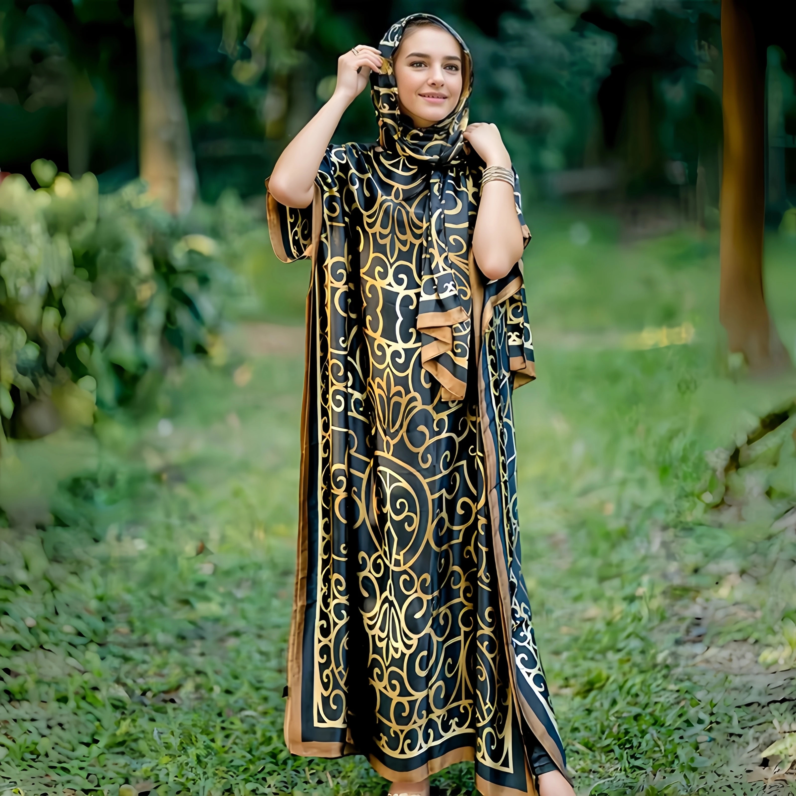 Wholesale luxury designer silk printed robes with headscarf ethnic style african loose women polyester silk muslim kaftans gowns