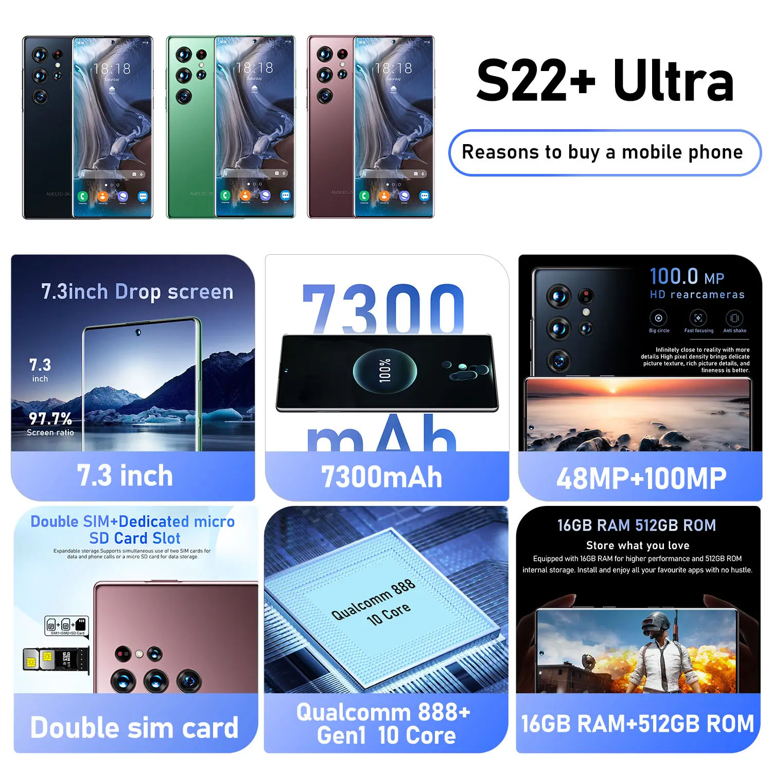 Hot Sell 5G Android 12 HD Camera 7.3Inch 16GB+512GB SmartPhone Face iD Unlock Mobile Phone S22 Ultra Telephone