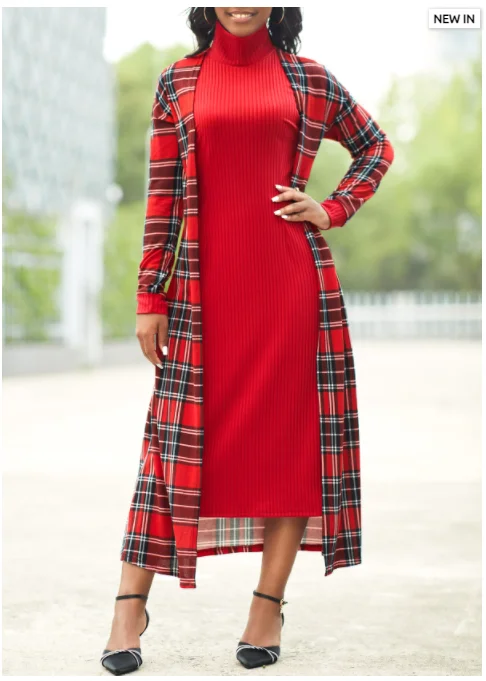 2022 winter clothes Fake 2in1 Tartan Print Wine Red Dress