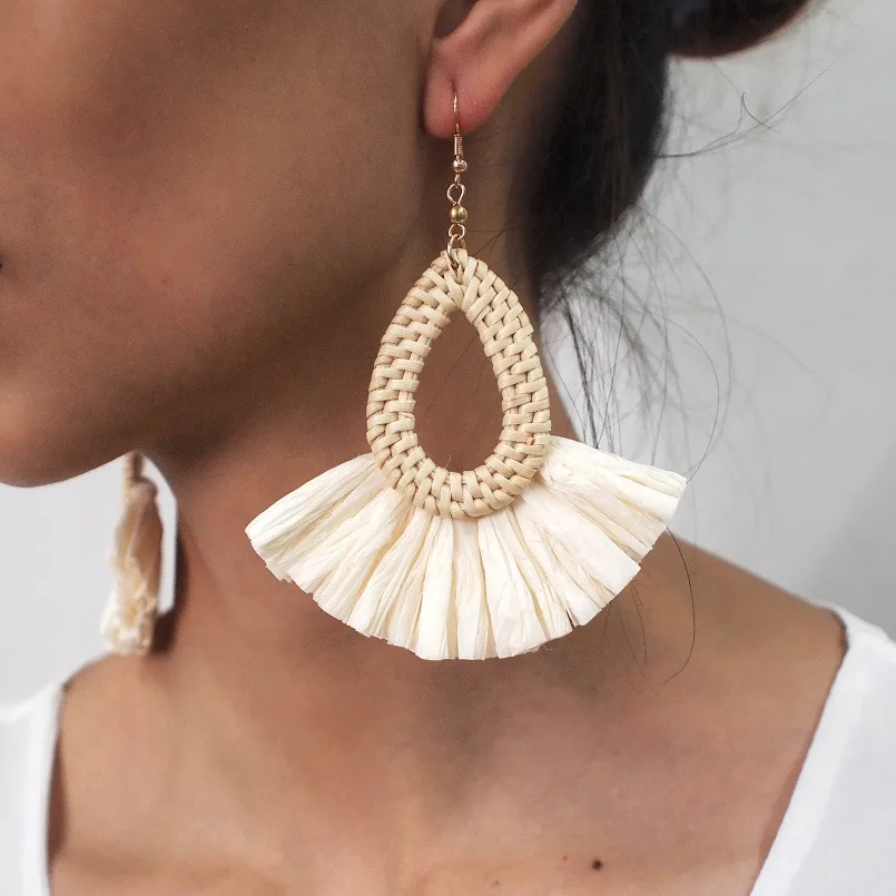 New Korea Bamboo Wooden Straw Weave Rattan Knit Vine Geometric Circle Triangle Long Drop Earrings For Women Girl Beach Jewelry