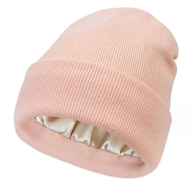 2023 Custom warm knitted silk lined beanie hat Low MOQ Y2K multiple colour Warm jacquard custom satin beanie