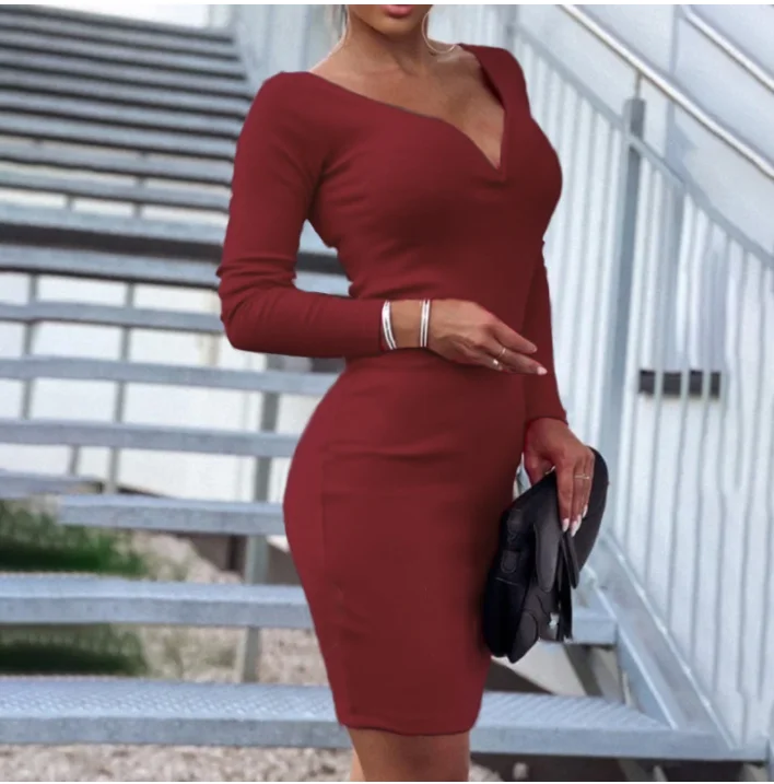 Hot Sale Women Sexy Career Dresses Deep V Neck Slim Bodycon Long Sleeve Elegant