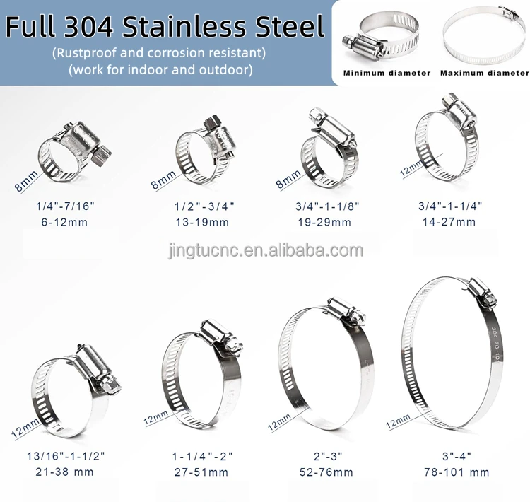 12mm Width SS 304 Stainless Steel American Hose Clip Screw Drive Worm Gear Hose Clamp for 1/4 to 12 Inch Automotive Pipe Tubing
