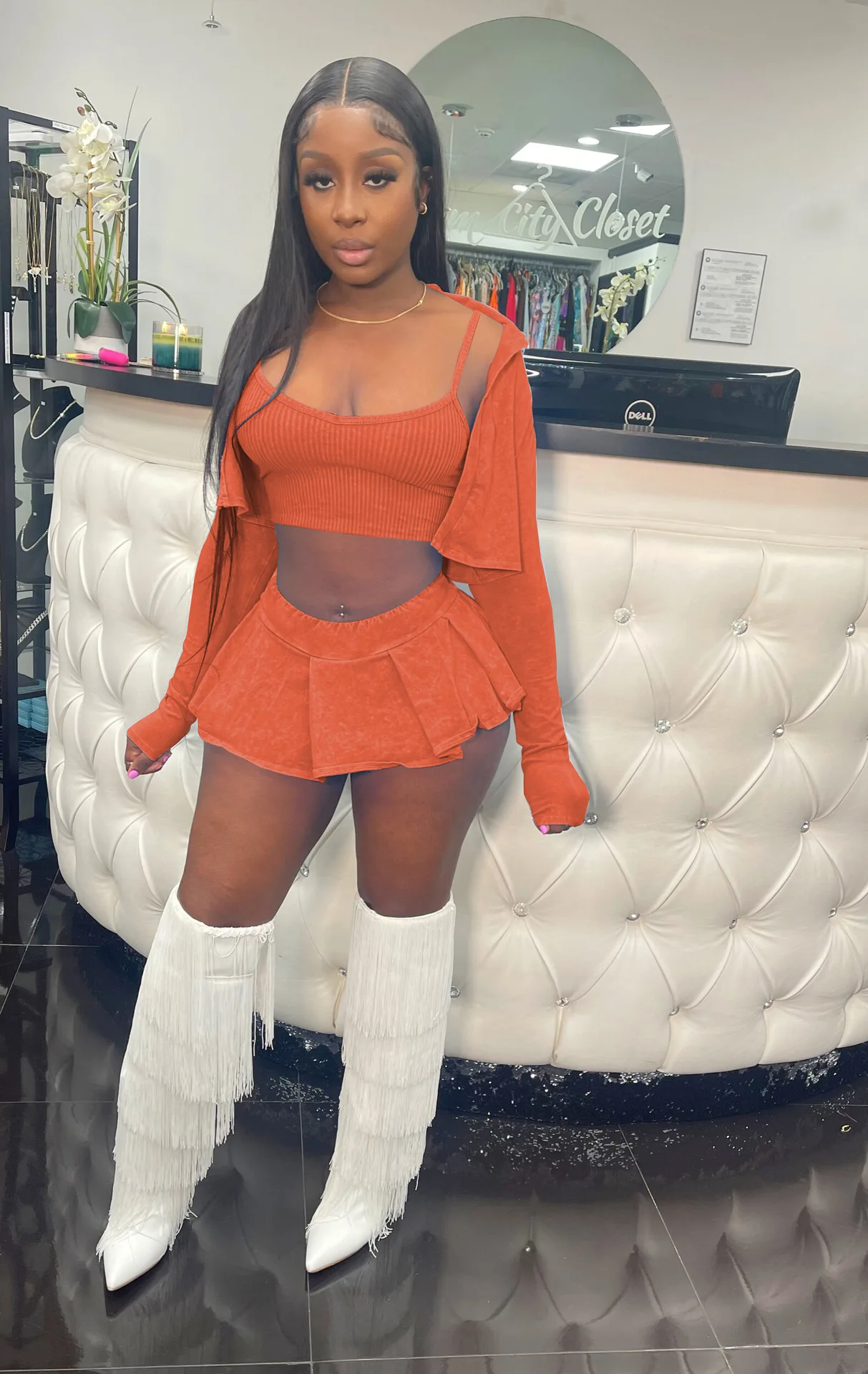 2024 trendy 3 piece set  vest + crop top shirts with pleated mini skirt 2 piece skirt set