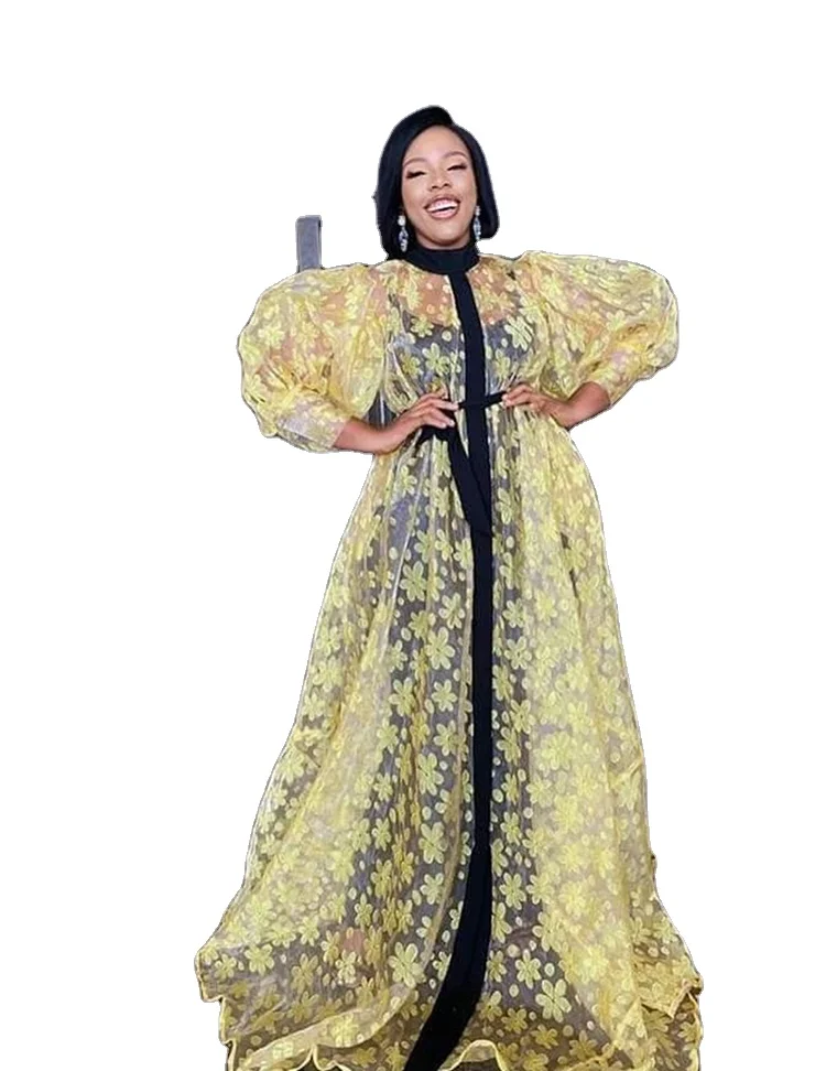 Yellow Print High Waist Skirt Large Size Hubble-bubble Sleeve Evening Dresses For Women