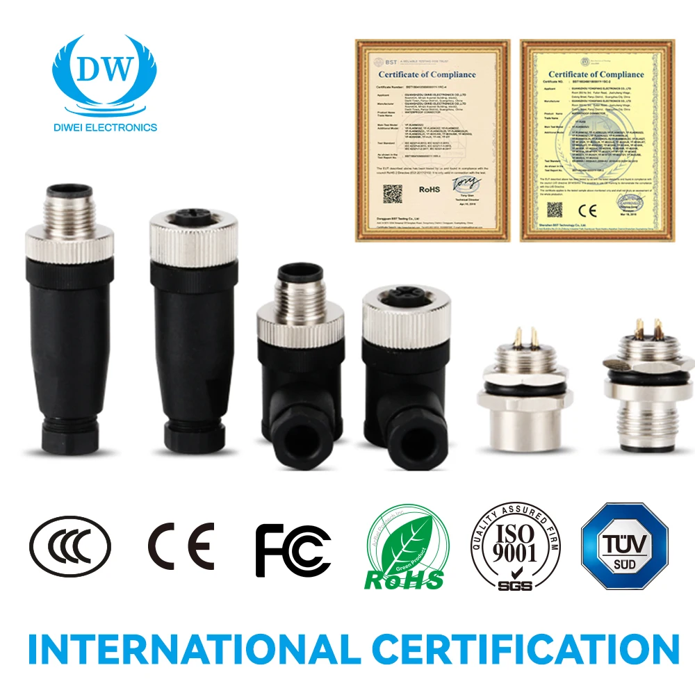 Factory M12 Solder Plastic Straight Angled Assembled Connectors 2 3 4 5 6 8 12 17Pins A B D Male Female PG7 PG9 Metal Connectors