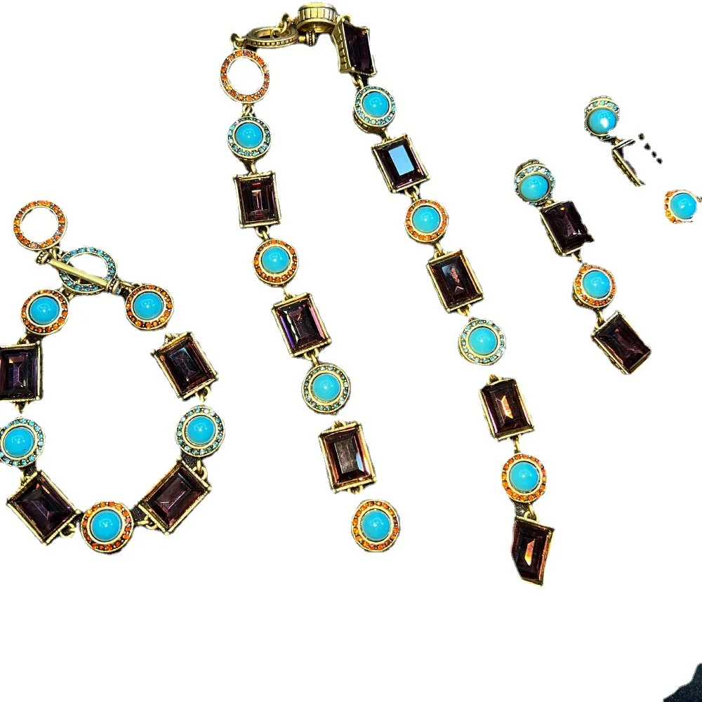 French Style Bracelet Vintage Gold Plated Necklace Boho Turquoise Jewelry Set Antique