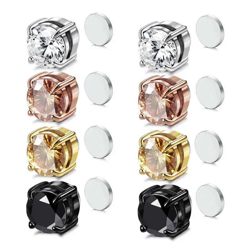 2023 Fashion Stainless Steel Gold Plated Pierced Magnet Ear Clip Labret Ear Flat Zircon Earring Stud Earless Piercing Jewelry
