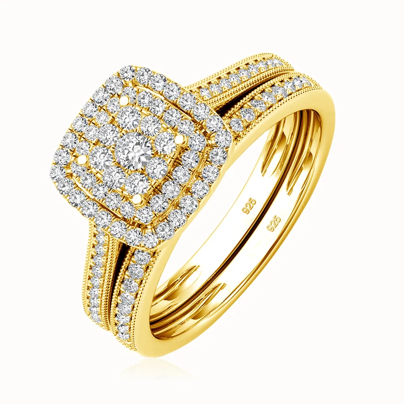 100% Real 925 Silver Wedding Band Jewelry Lover Couple Gifts 2PCS Yellow Gold Zircon Diamond Engagement Rings set For Women