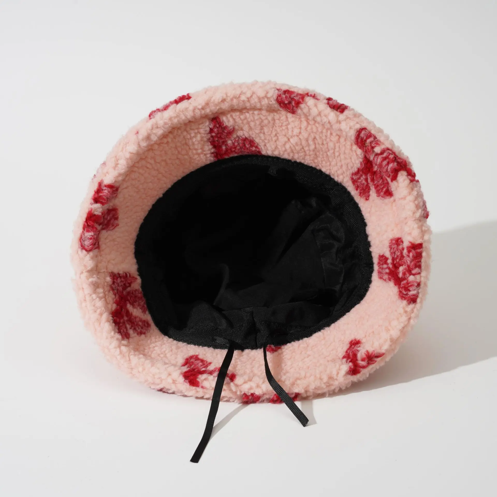 Designer Bow Pattern Printed Custom Fuzzy Bucket Hat Girls Hats Fashion Winter Wide Brim Faux Fur Bucket Hats For Women