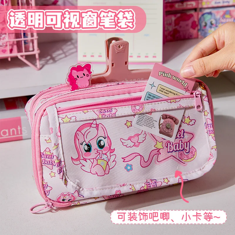 Large capacity pencil case high value transparent interlayer, elementary school students pink cute stationery storage bag
