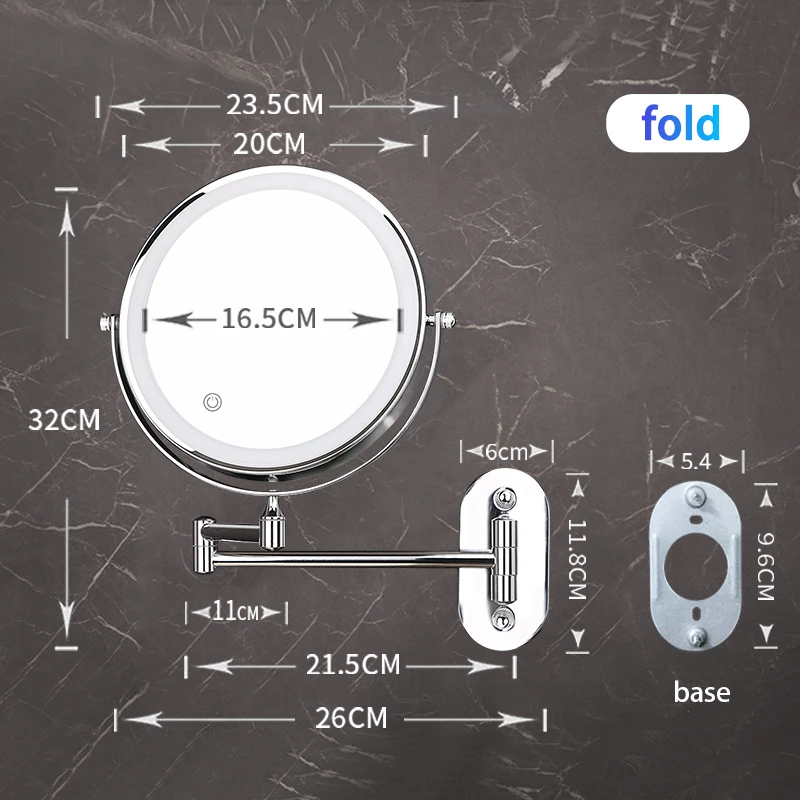 8 inch Hotel Double Sided touch switch bathroom led lighted face mirror Wall mount 3X 5X magnifying vanity Makeup mirror