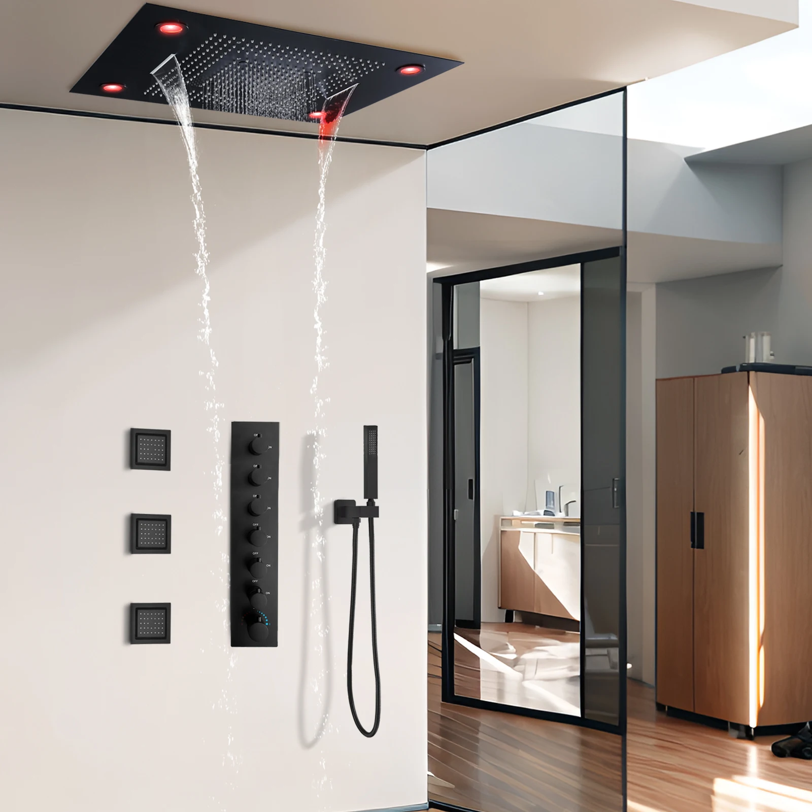 24x32inch Luxury Black Ceiling Mount LED Rainfall Double Rain Shower Heads Bathroom Thermostatic Shower System Fixtures Set