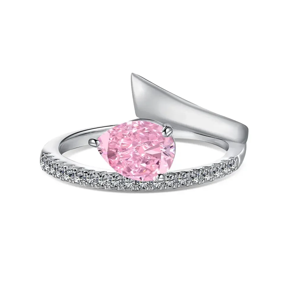 Newest Design Ice Cut Teardrop Pink Cubic Zircon Engagement Wedding 925 Sterling Silver Rings
