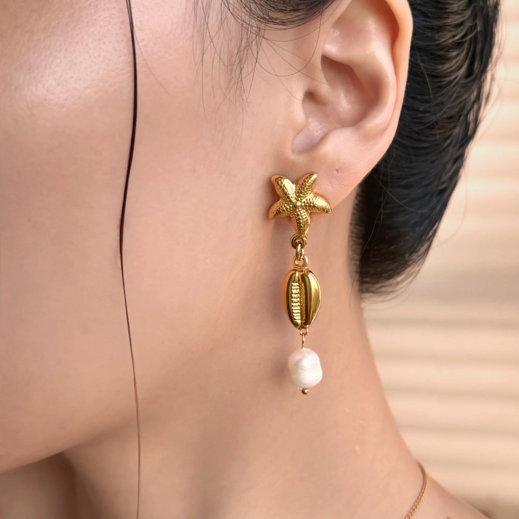 Dazan New Autumn HOT 18k Gold Plated Hypoallergenic Stainless Steel Vintage Ocean Natural Freshwater Pearl Starfish Earrings